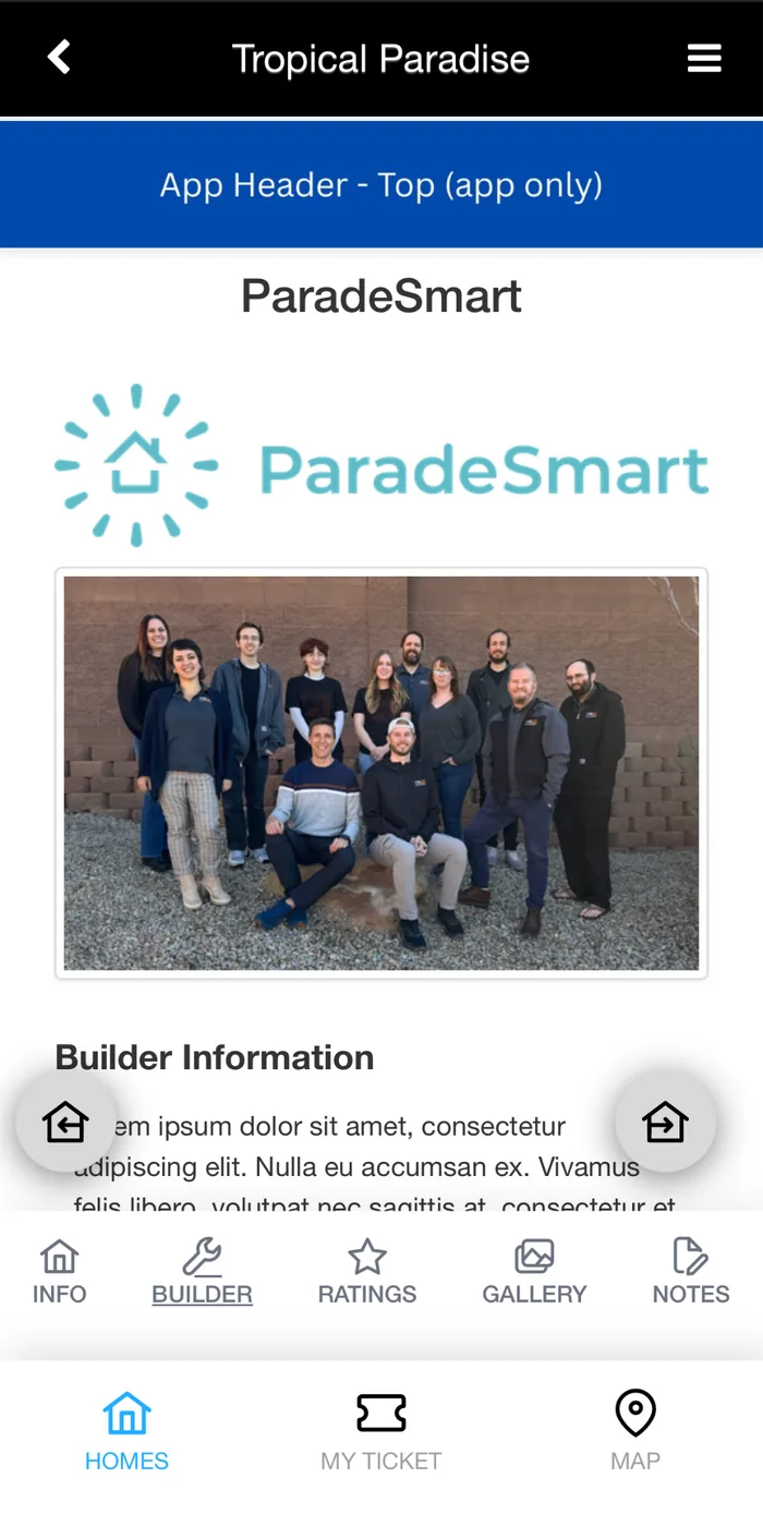 ParadeSmart app builder profile screen showing company logo and about section