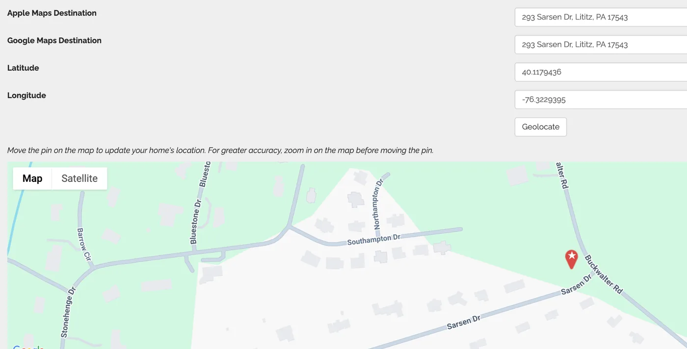 Apple Maps Destination and Google Maps Destination fields with a plain street address entered, shown above the Latitude, Longitude, and map preview