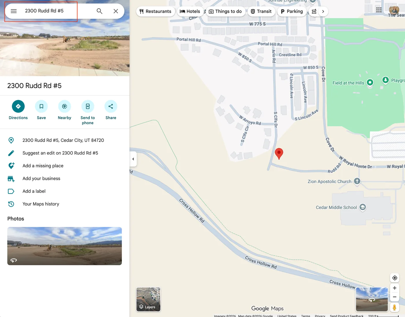 Google Maps search for a street address showing the pinned location and nearby roads