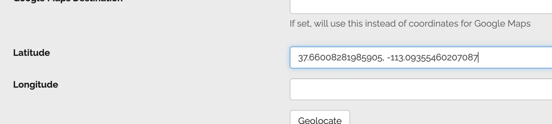 Latitude field with both coordinates pasted in before separating them