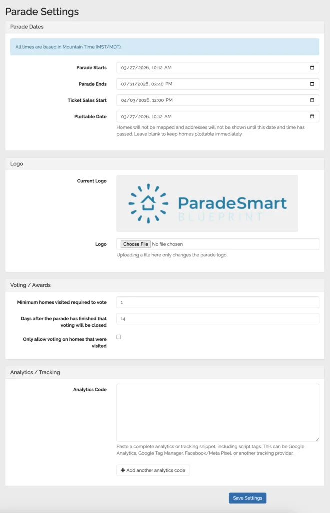 ParadeSmart parade settings dashboard