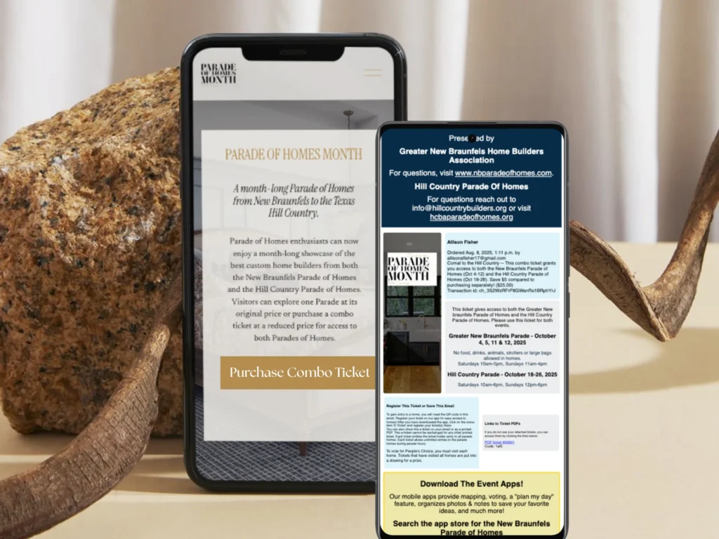 Phone screens showing two parades that use the sister ticketing