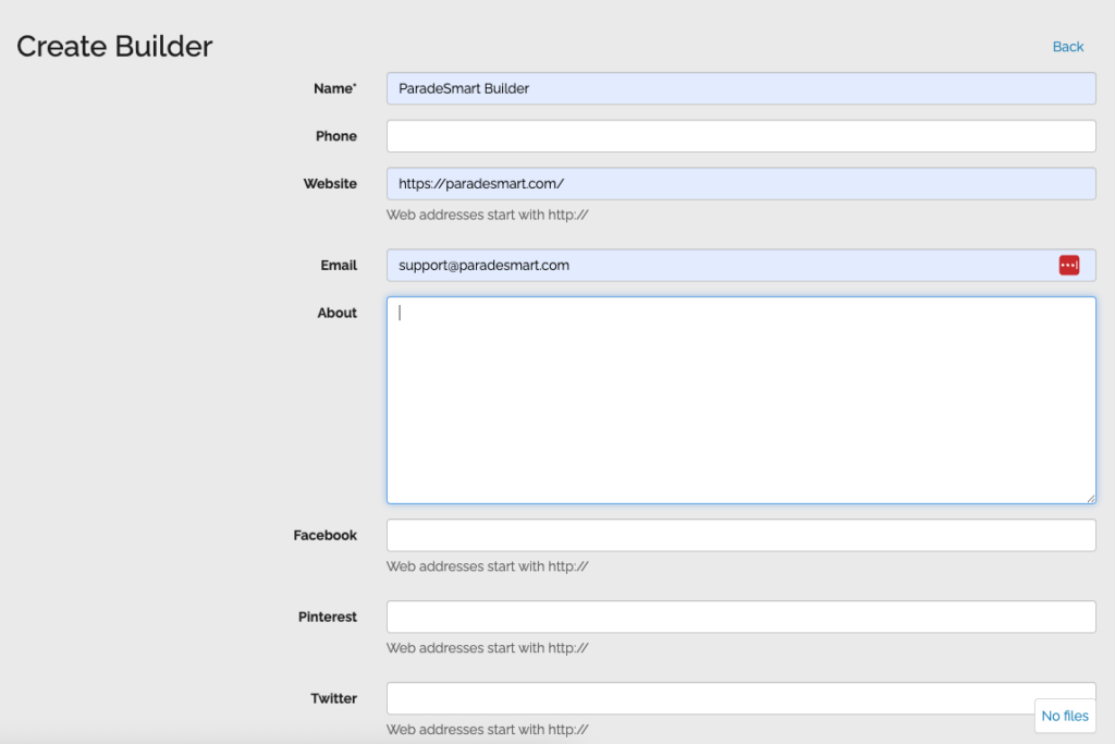 Screen showing some of the fields available for builders to fill out to create their profile